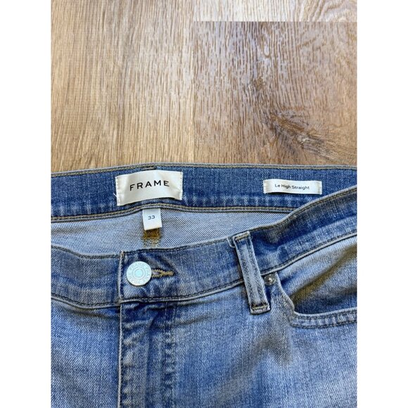 Frame Le High Straight Jeans Size 33 Blue Springs Light Wash Distressed Hem Deni - Picture 3 of 7